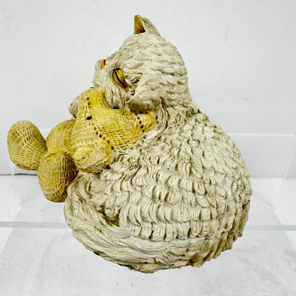 Sleeping Kitty Cat Hugging Teddy Bear 5.5" Beige Resin Figurine - Picture 4 of 12